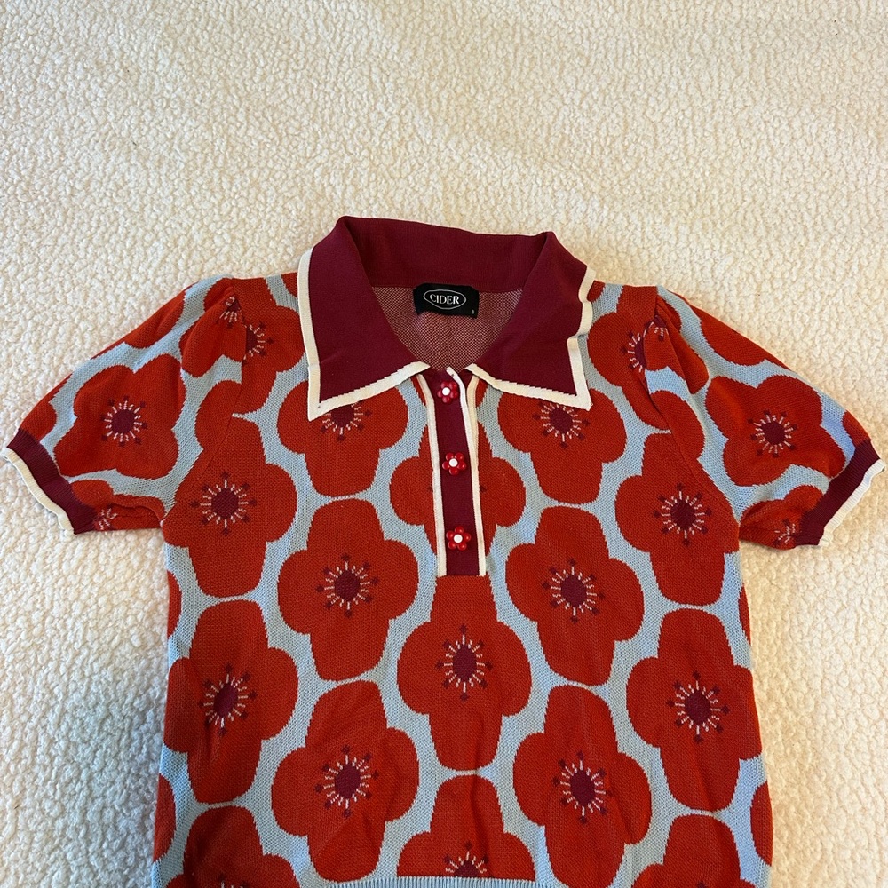 CIDER Kids Floral Red and White Polo Shirt S